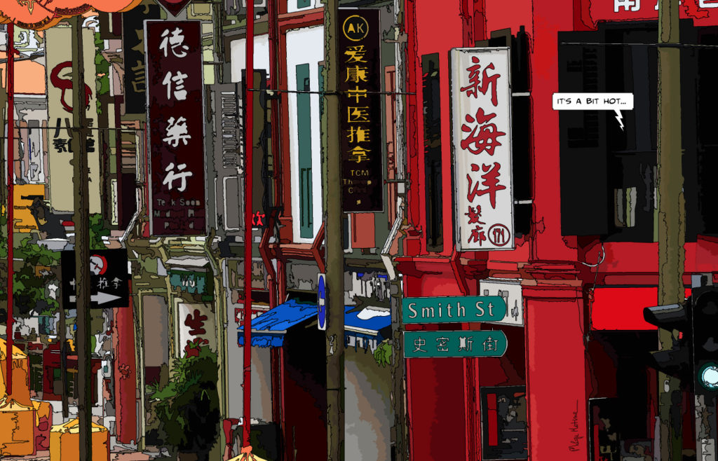 Rue de Singapour quartier animé — art Ligne Claire Japon — Philippe Matine