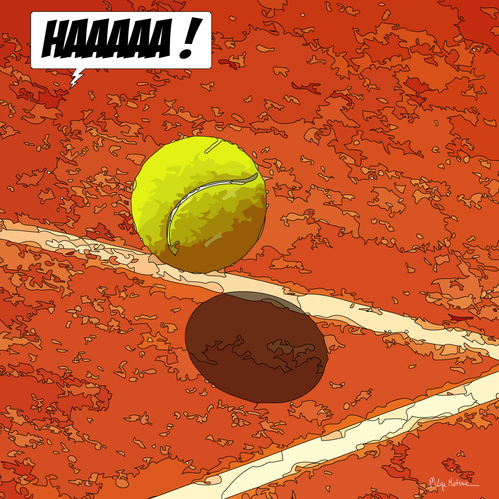 Hommage tennis balle court en terre battue — art Ligne Claire Hommages — Philippe Matine