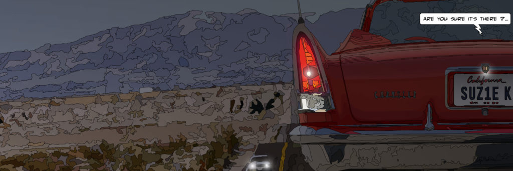 Chrysler arrêtée dans le désert américain — art Ligne Claire West — Philippe Matine