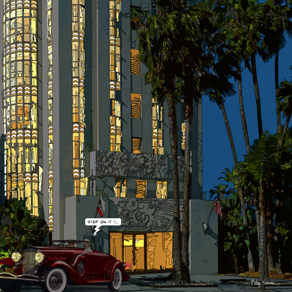 Duesenberg Sunset Tower Hollywood — art Ligne Claire San Francisco — Philippe Matine