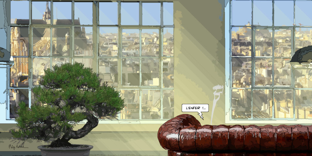 Loft avec bonsaï vue sur la ville — art Ligne Claire Intérieurs — Philippe Matine