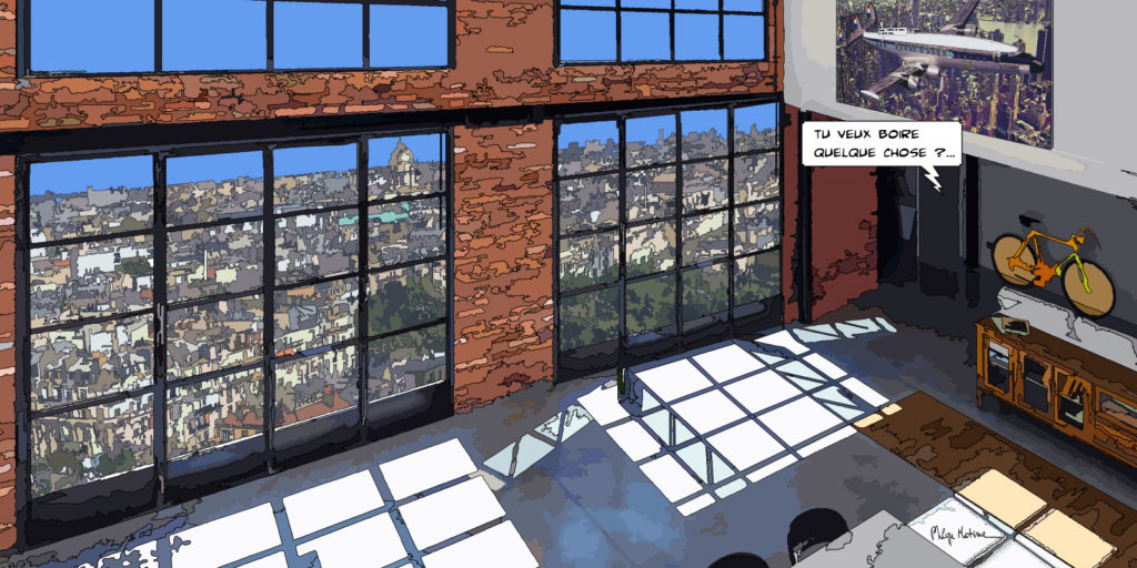 Loft avec double vélo jaune vue urbaine — art Ligne Claire Intérieurs — Philippe Matine