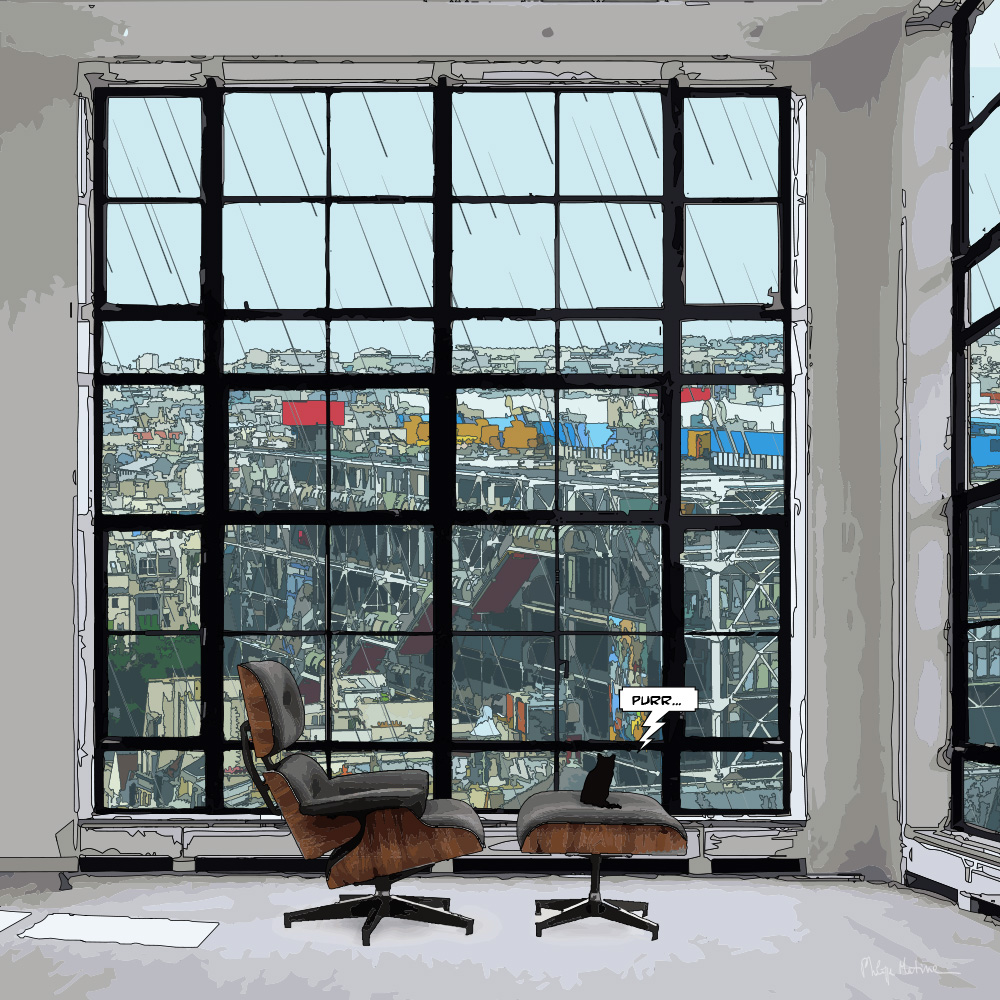 Loft fenêtre carrée vue sur Beaubourg— art Ligne Claire Intérieurs — Philippe Matine