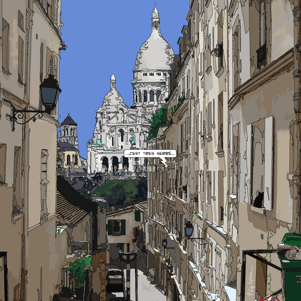 Rue de Montmartre Paris scène de rue et Sacré-Cœur dans le fond— art Ligne Claire Paris — Philippe Matine