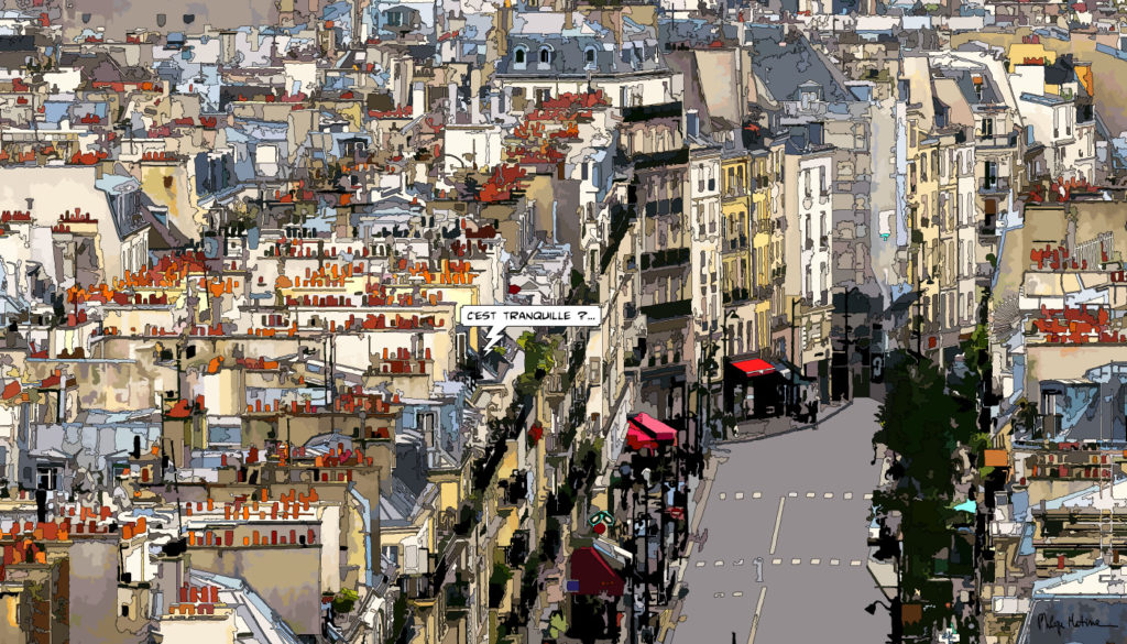Rue parisienne déserte scène de vie — art Ligne Claire Paris — Philippe Matine