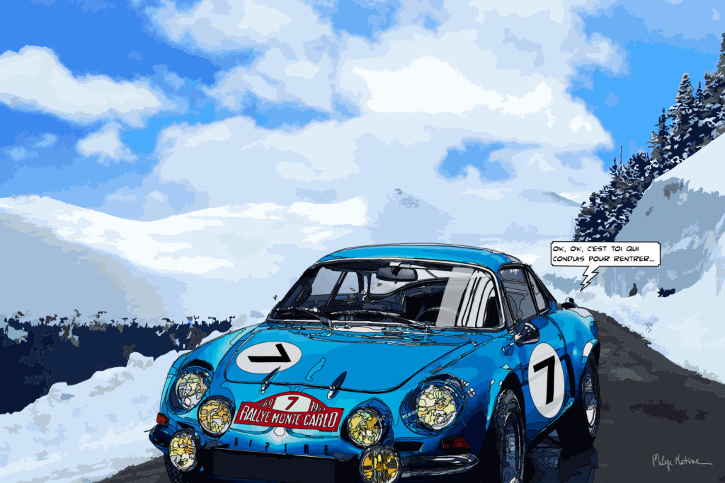 Alpine A110 bleue route de montagne — art Ligne Claire Motors — Philippe Matine
