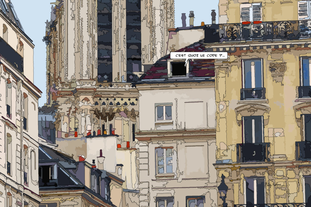 Toits et cheminées de Paris près de Notre-Dame — art Ligne Claire Paris — Philippe Matine