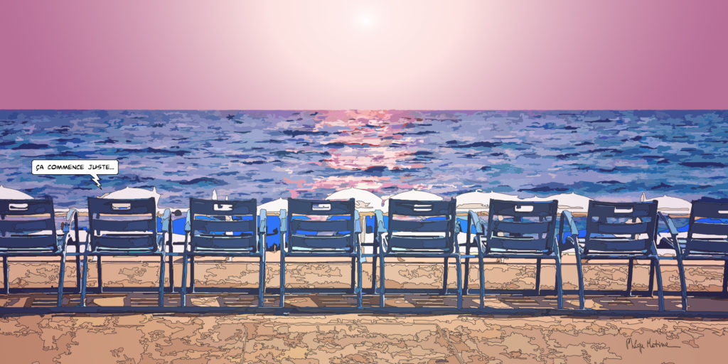 Plage au coucher du soleil chaises bleues — art Ligne Claire France — Philippe Matine
