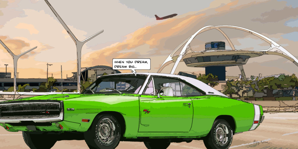 Dodge Dart verte muscle car LAX airport — art Ligne Claire Motors — Philippe Matine