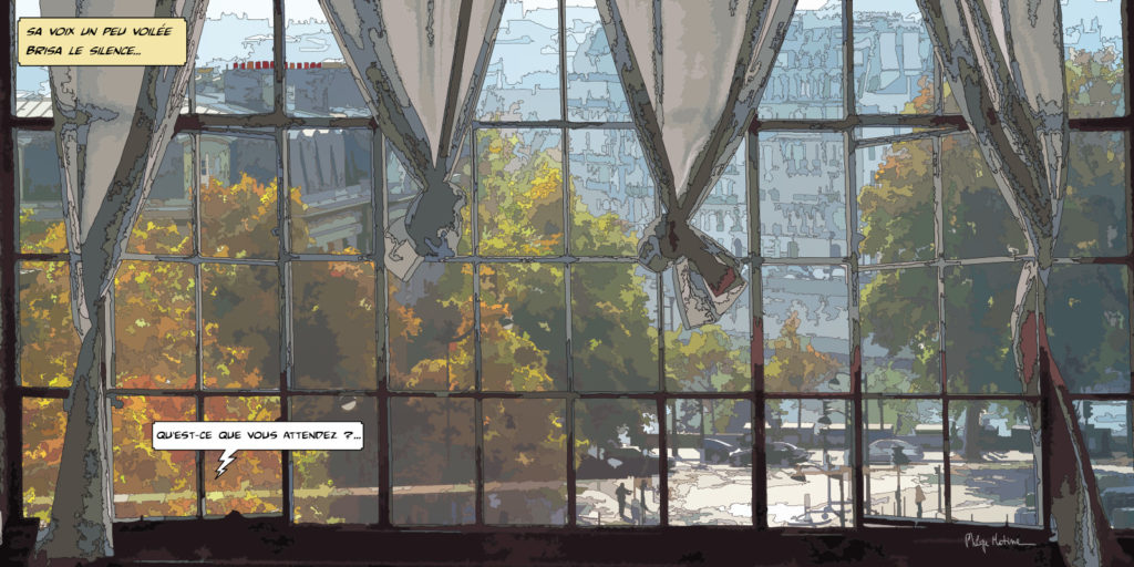 Fenêtre avec rideaux et vue sur arbres — art Ligne Claire Intérieurs — Philippe Matine