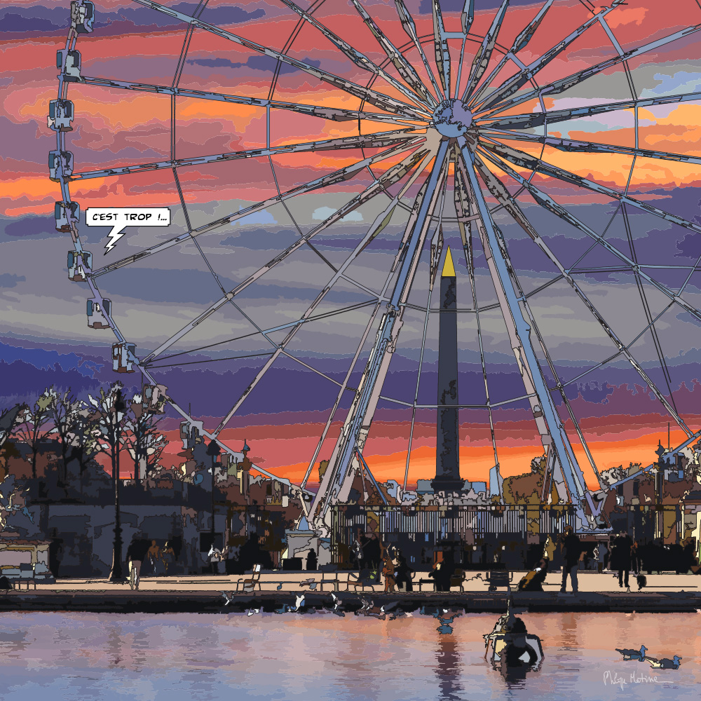 Grande roue Paris au coucher du soleil — art Ligne Claire Paris — Philippe Matine