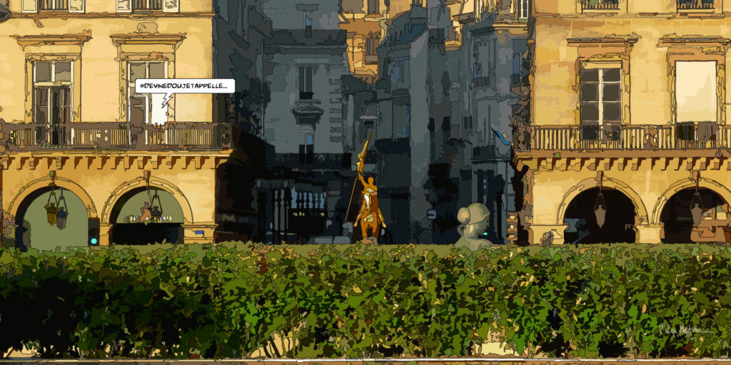 Jardins parisiens en automne, statue de Jeanne d'Arc — art Ligne Claire Paris — Philippe Matine