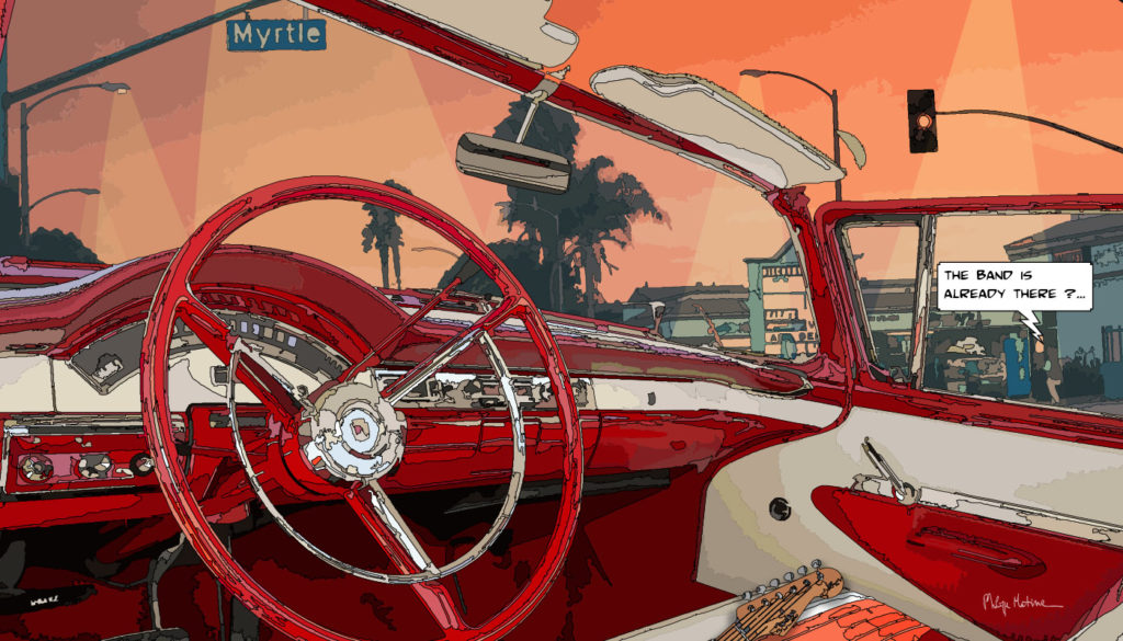 Voiture américaine Myrtle Boulevard Los Angeles — art Ligne Claire Motors — Philippe Matine