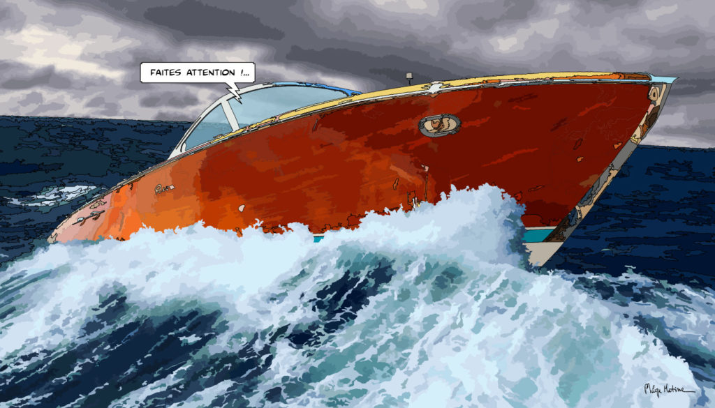 Bateau Riva dans les vagues — art Ligne Claire Motors — Philippe Matine