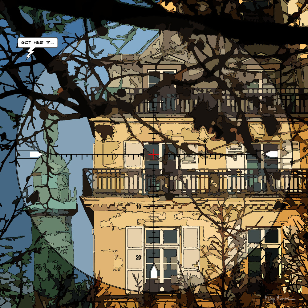 Immeuble parisien et arbres en hiver vus dans un viseur— art Ligne Claire Paris — Philippe Matine