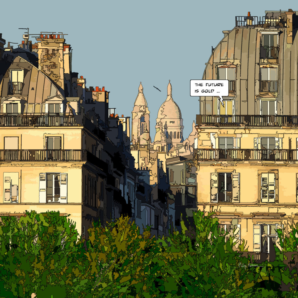 Immeuble haussmannien Paris façade dorée Sacré-Cœur dans le fond— art Ligne Claire Paris — Philippe Matine