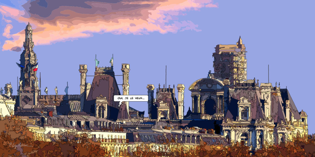 Vue panoramique des hauteurs de l'Hôtel de Ville de Paris — art Ligne Claire Paris — Philippe Matine