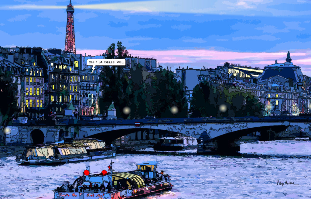 Vue sur la Tour Eiffel depuis les quais Paris soir — art Ligne Claire Paris — Philippe Matine