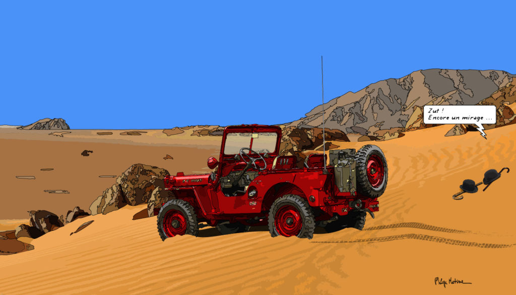 Jeep dans le désert mirage — art Ligne Claire Motors — Philippe Matine