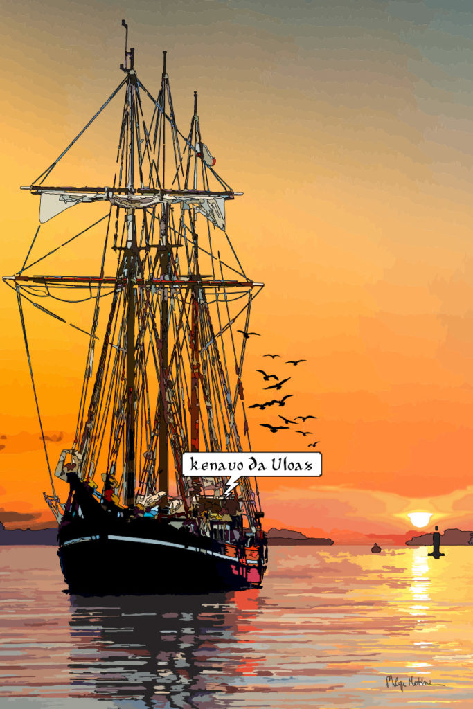 Trois-mâts voilier Bretagne coucher de soleil — art Ligne Claire Bretagne — Philippe Matine