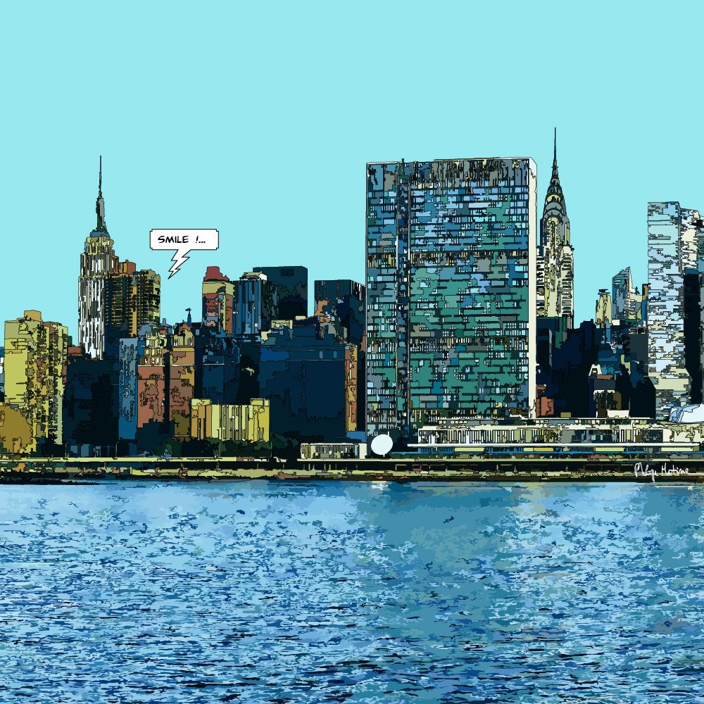 Skyline de Manhattan New York vue depuis Brooklyn — art Ligne Claire New York — Philippe Matine