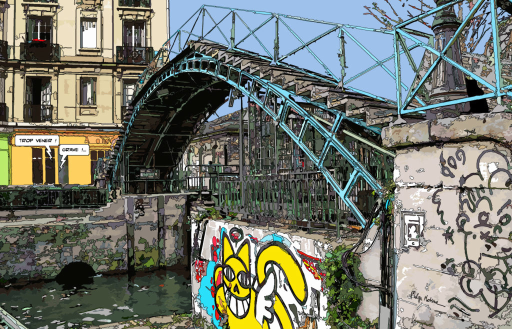 Canal Saint-Martin Paris pont et street art — art Ligne Claire Paris — Philippe Matine