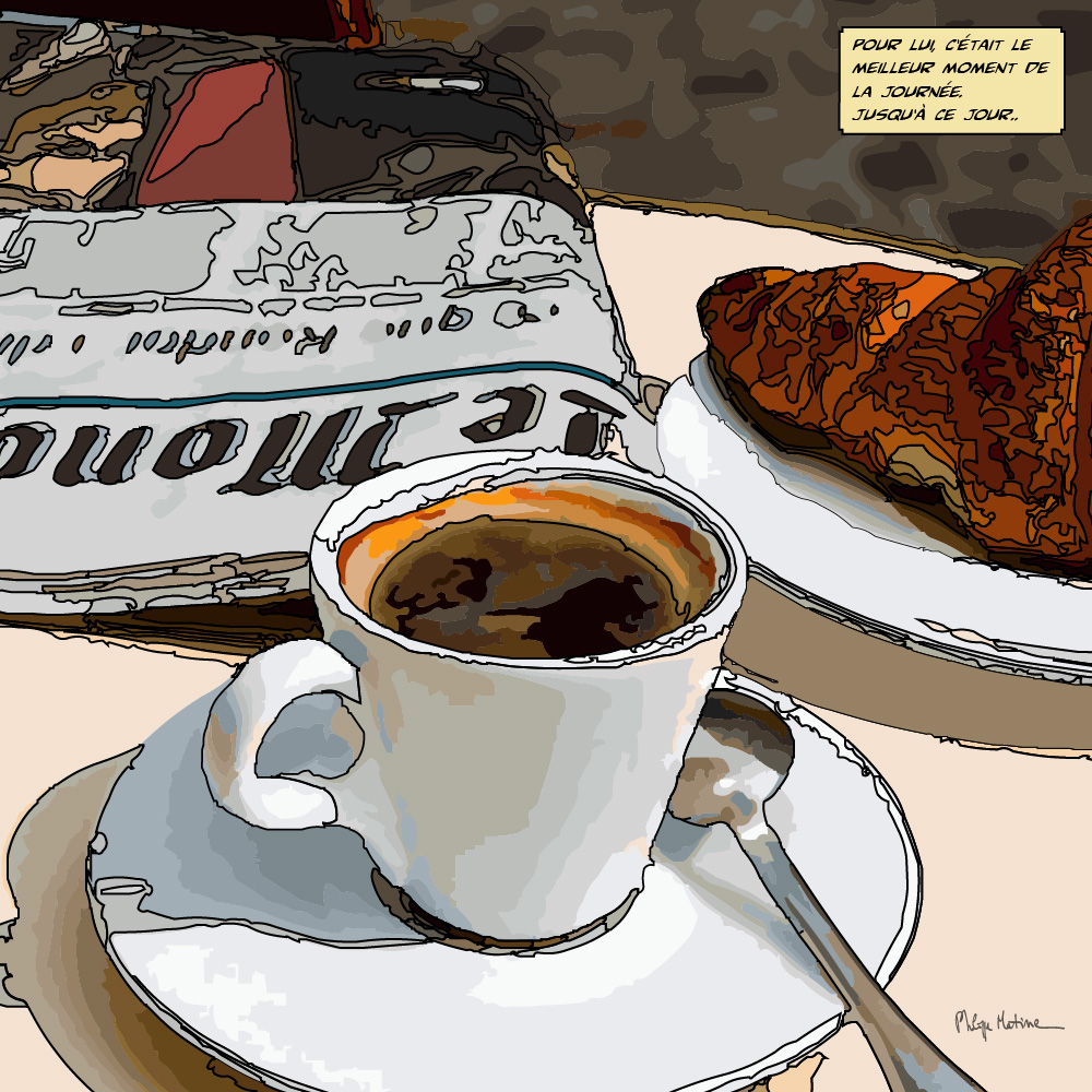 Tasse de café terrasse parisienne — art Ligne Claire Paris — Philippe Matine