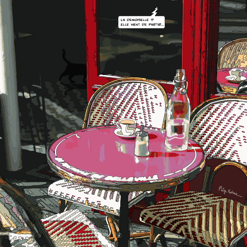 Terrasse de café parisienne table rose — art Ligne Claire Paris — Philippe Matine