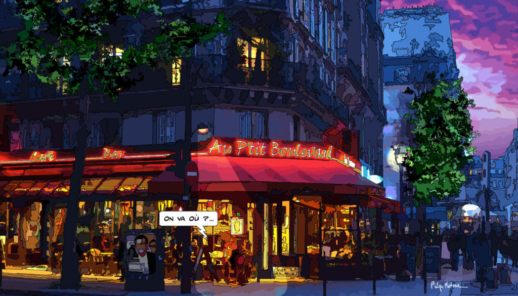 Petit boulevard parisien animation nocturne — art Ligne Claire Paris — Philippe Matine