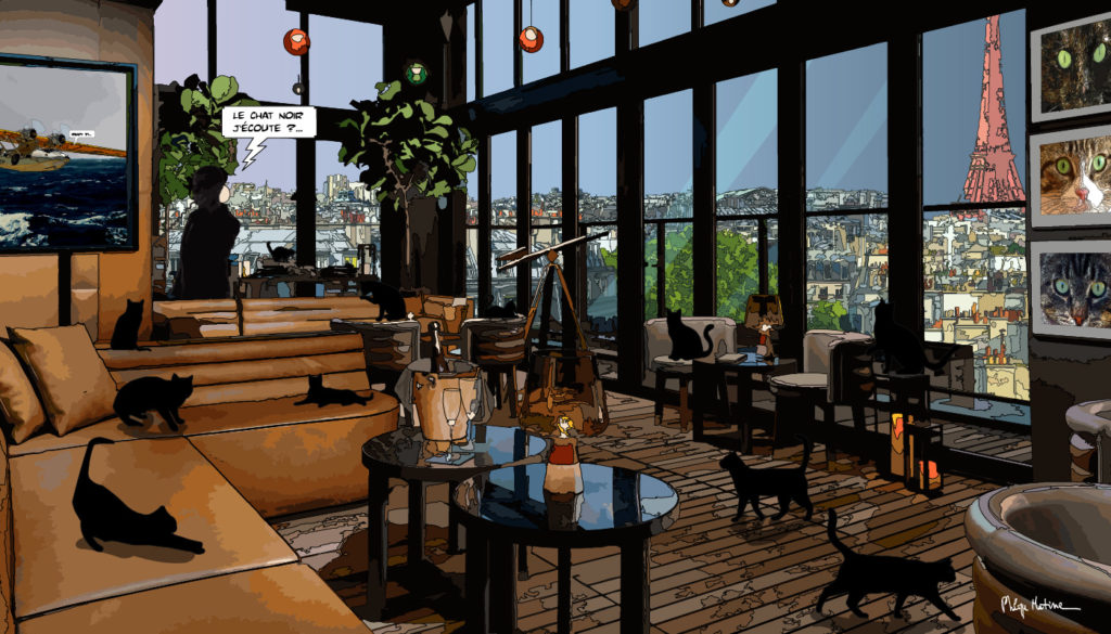 Cat café Paris intérieur cosy — art Ligne Claire Paris — Philippe Matine
