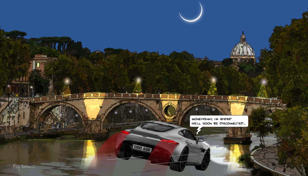 Aston-Martin plonge dans le Tibre, pont Rome — art Ligne Claire Motors — Philippe Matine