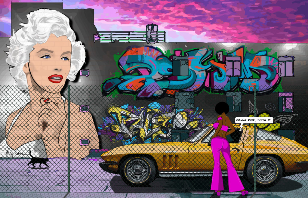 Femme et taxi jaune New York street art — art Ligne Claire New York — Philippe Matine