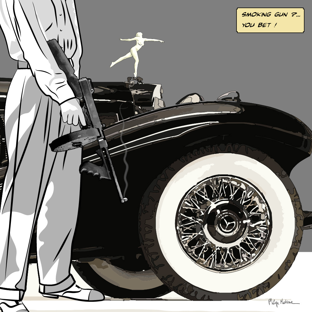Voiture ancienne roue fumée — art Ligne Claire Motors — Philippe Matine