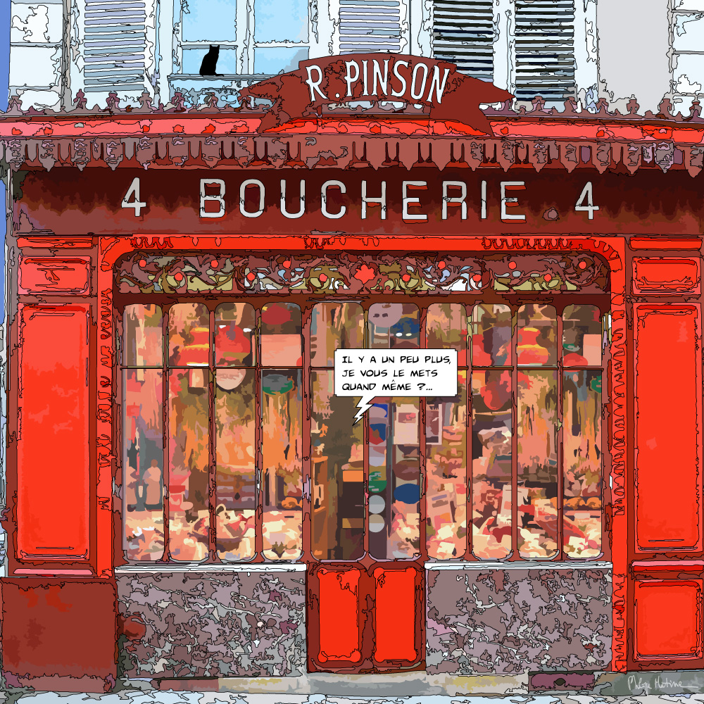 Boucherie parisienne traditionnelle façade rouge — art Ligne Claire Paris — Philippe Matine
