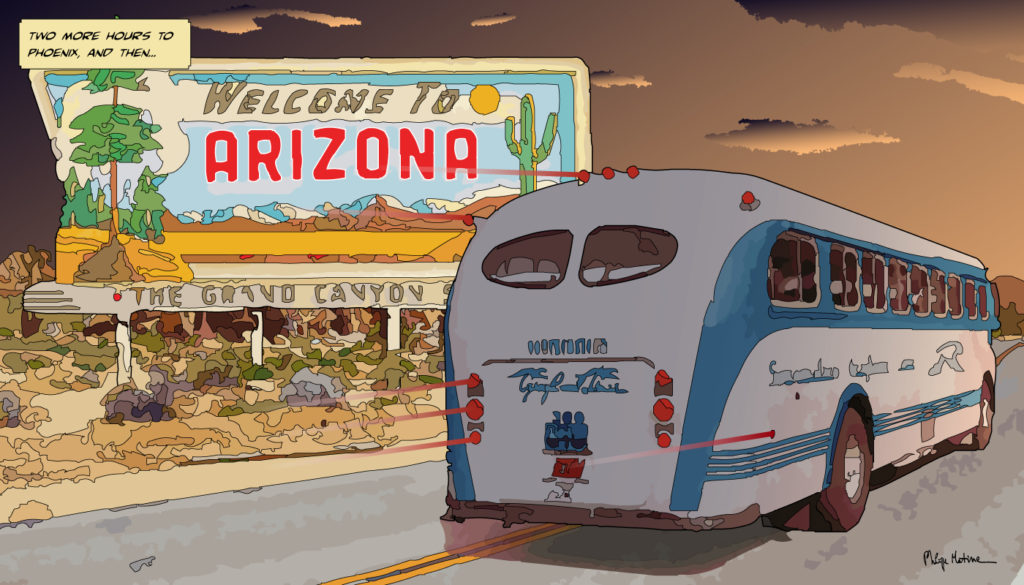Bus vintage Arizona bienvenue — art Ligne Claire Motors — Philippe Matine