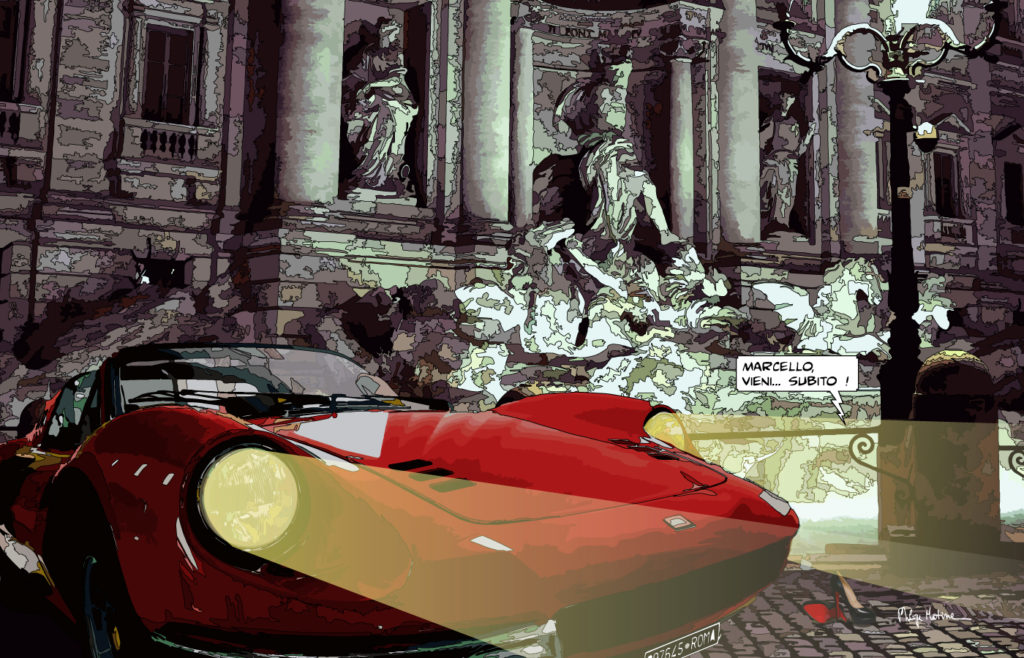 Ferrari Dino fontaine de Trevi Rome — art Ligne Claire Motors — Philippe Matine