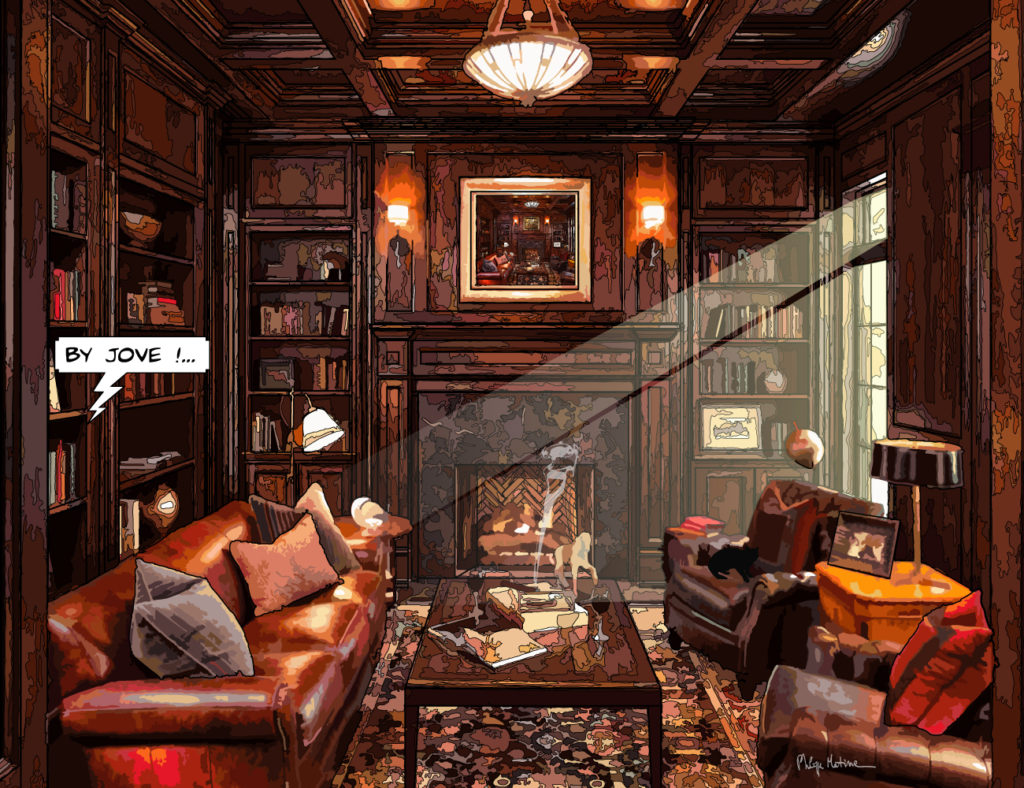 Bibliothèque anglaise intérieur sombre et luxueux — art Ligne Claire Intérieurs — Philippe Matine