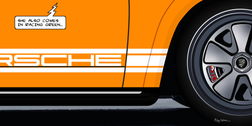 Porsche 911 orange détail carrosserie — art Ligne Claire Motors — Philippe Matine