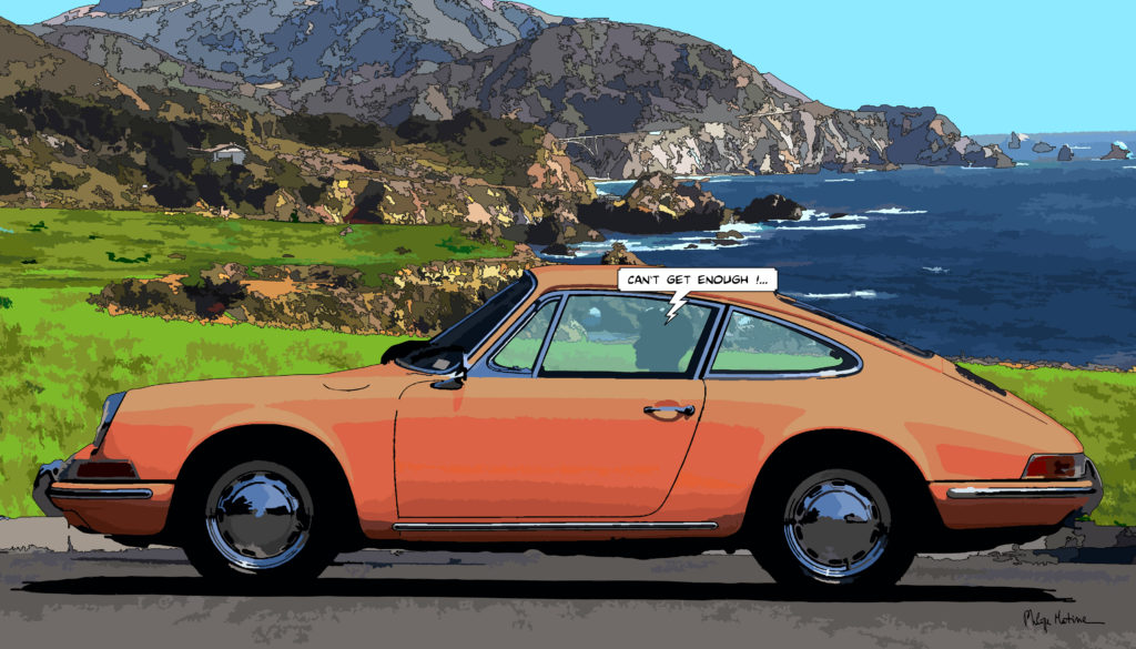 Porsche 911 cabriolet rose route côtière — art Ligne Claire Motors — Philippe Matine