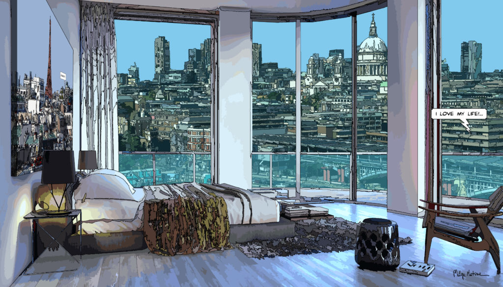 Loft londonien vue sur la Tamise — art Ligne Claire Intérieurs — Philippe Matine