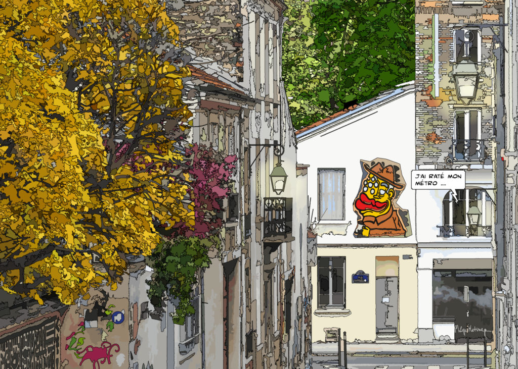 Quartier de la Butte-aux-Cailles Paris scène de rue — art Ligne Claire Paris — Philippe Matine