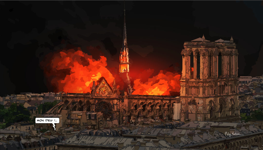 Notre-Dame de Paris en feu — art Ligne Claire Paris — Philippe Matine