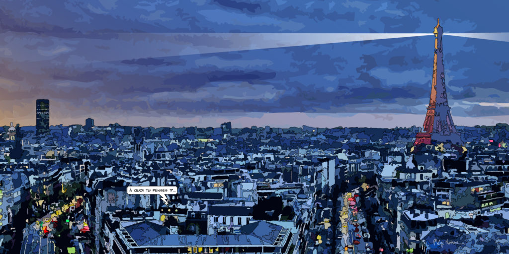 Paris vue nocturne depuis les toits — art Ligne Claire Paris — Philippe Matine