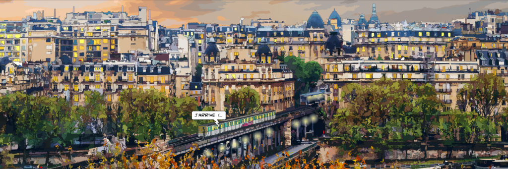 Vue sur Paris depuis Passy au coucher du soleil — art Ligne Claire Paris — Philippe Matine