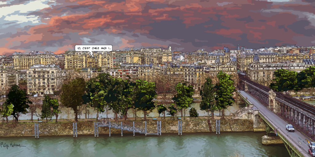 Quartier de Passy Paris vue de la "colline de Passy"— art Ligne Claire Paris — Philippe Matine