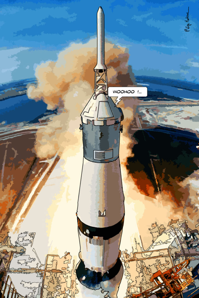 Fusée Saturn V en mission Apollo décollage — art Ligne Claire Motors — Philippe Matine