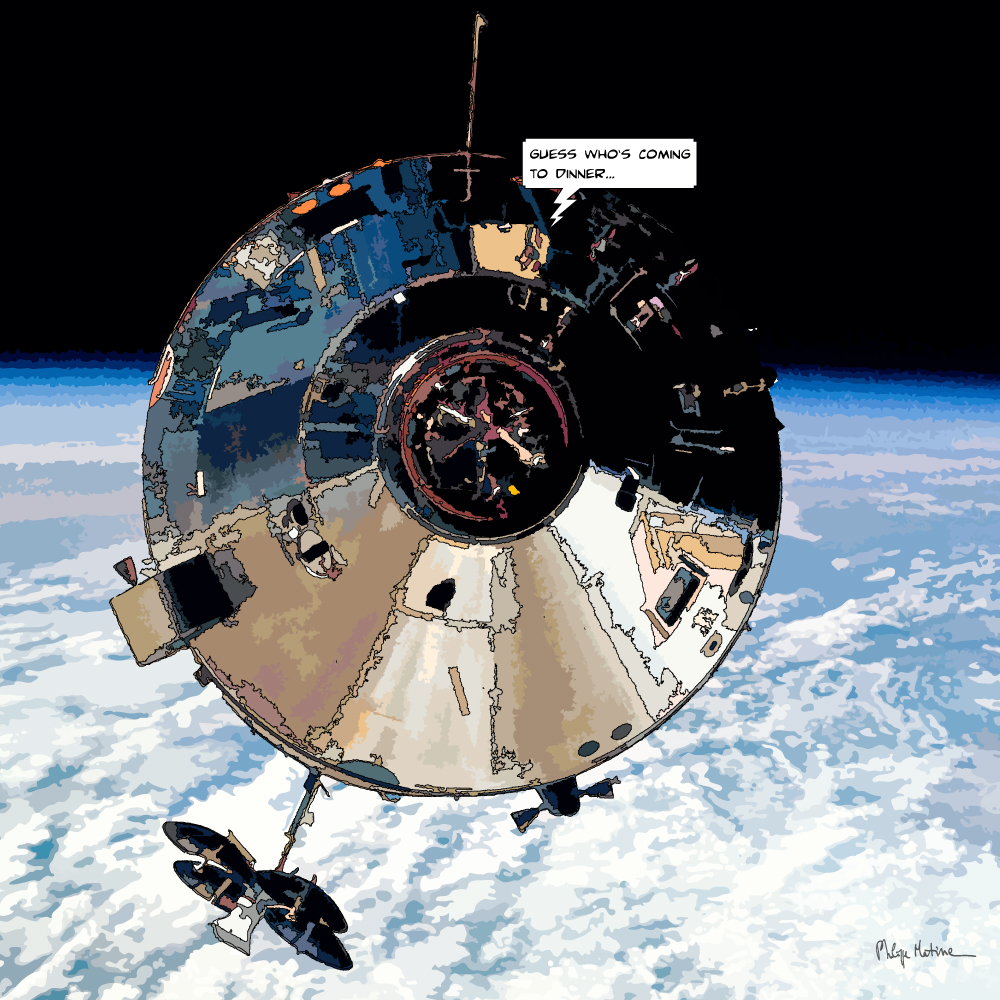 Module lunaire Apollo dîner sur la Lune — art Ligne Claire Motors — Philippe Matine