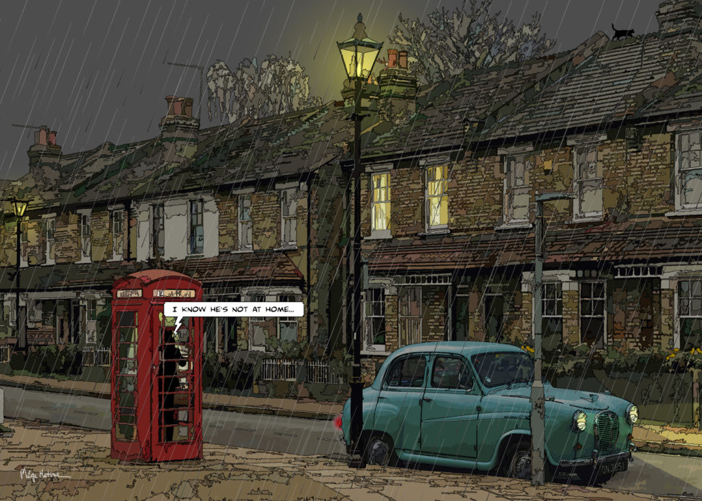 Banlieue londonienne voiture vintage — art Ligne Claire Motors — Philippe Matine