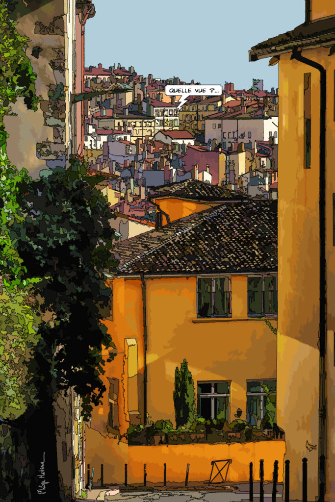 Maison jaune Lyon quartier Vieux-Lyon — art Ligne Claire Lyon — Philippe Matine