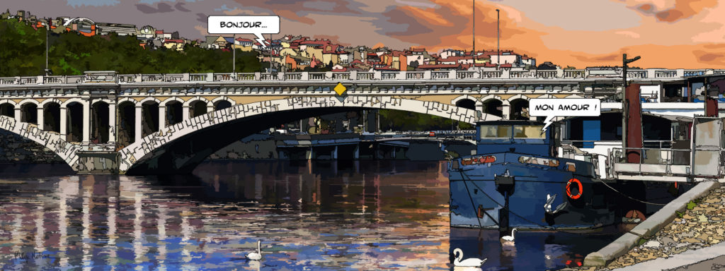 Péniche amarrée sur la Saône Lyon — art Ligne Claire Lyon — Philippe Matine